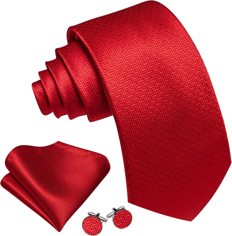 Barry.Wang Store Tie Sets for Men Silk Stripe Necktie Woven Checkered Handkerchief Cufflinks Formal Business Wedding - Image 1
